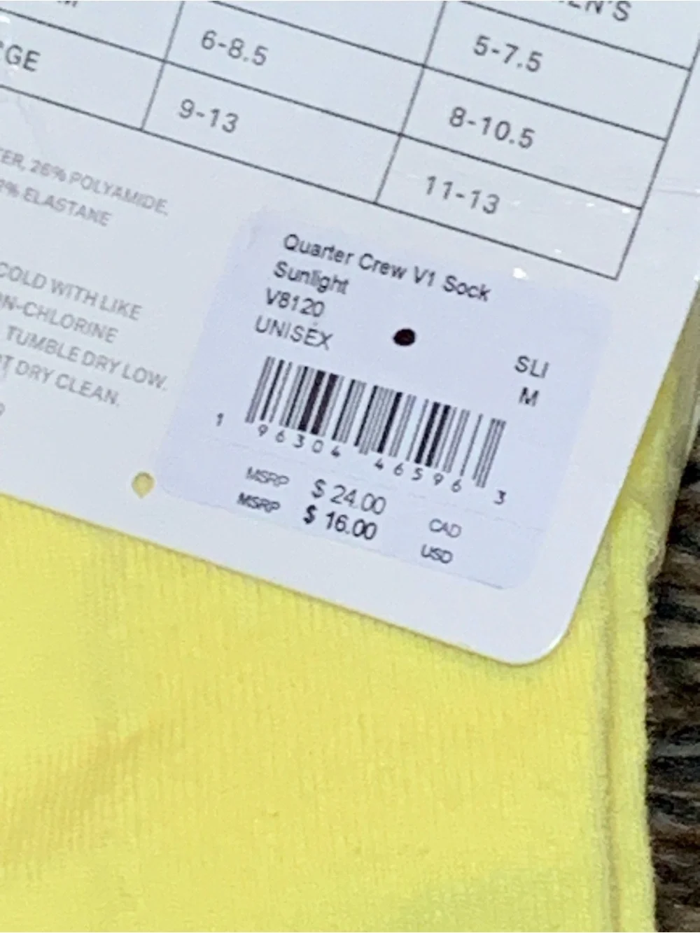 Vuori Quarter Crew V1 Sock 2.0 M 6-8.5 W 8-10.5 Yellow NWT
